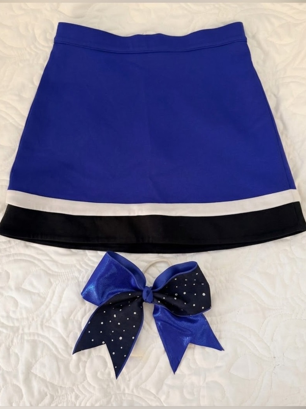 Varsity Authentic Cheer Skirt & Matching Rhinestone Bow Set Royal Blue 2-Piece